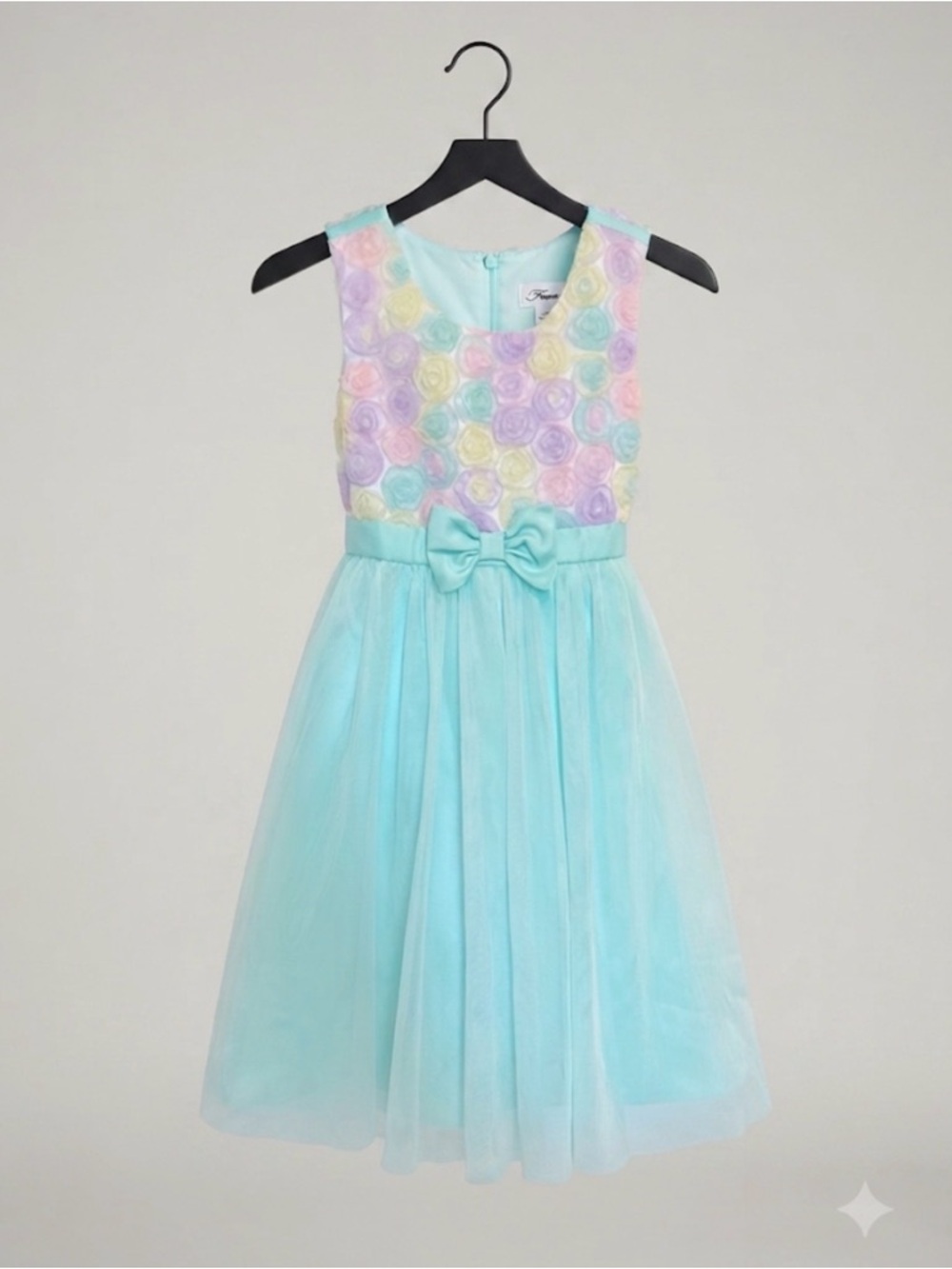 Girls Pastel Rose Bodice Aqua Tulle Dress with Bow size 5